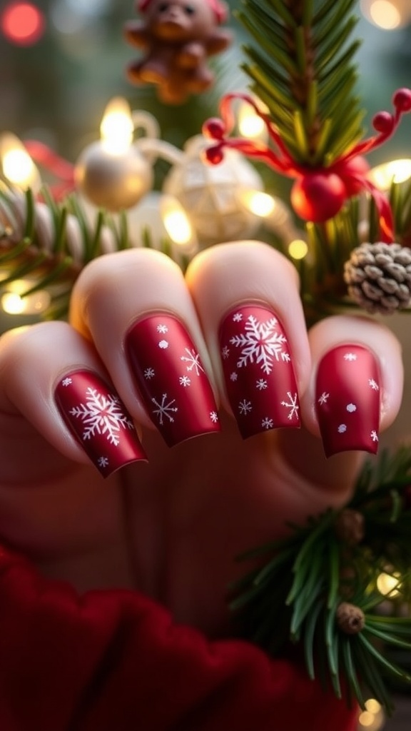 Close-up of matte Christmas nails with red base and white snowflakes on a festive background.